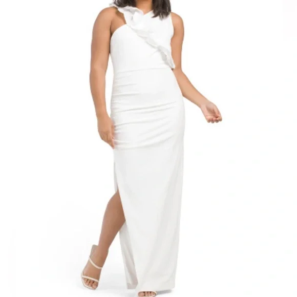one33 social one shoulder dress One33 Social Mercer Velvet Black Sleeveless Asymmetric One-Shoulder Neckline Pleated Ruffle Sheath Gown Dress